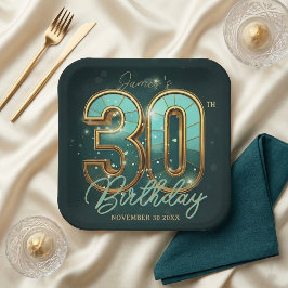 Modern Emerald Green Gold Typography 30th Birthday ペーパープレート
