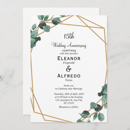 Modern Emerald Greenery Wedding Anniversary  招待状 (正面/裏面)