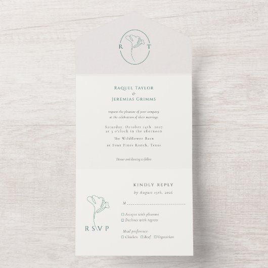 Modern Emerald Monogram  Script Wedding オールインワン招待状 (内側)