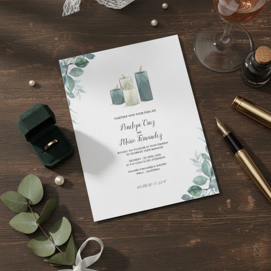 Modern Eucalyptus & Candle Wedding Invitation  招待状