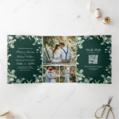 Modern Eucalyptus Emerald Green QR Code Wedding 三つ折り招待状 (内部)
