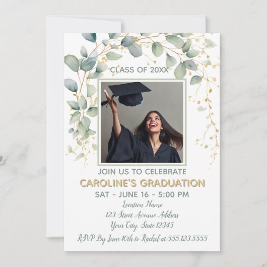 Modern Eucalyptus Greenery Grad Party 招待状 (正面)