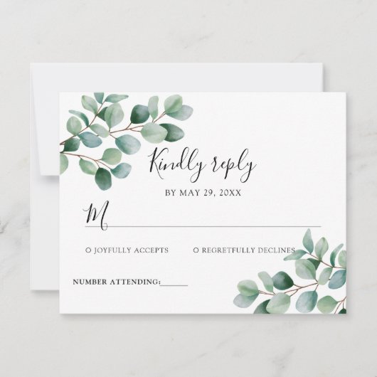 Modern Eucalyptus Greenery Wedding 出欠カード (正面)