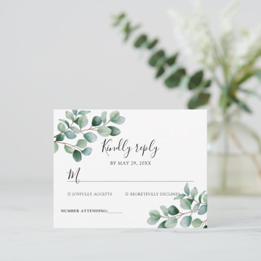 Modern Eucalyptus Greenery Wedding 出欠カード (スタンド正面)