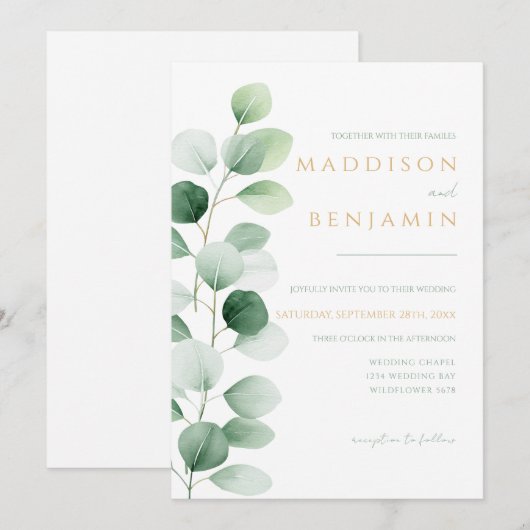 Modern Eucalyptus Greenery Wedding 招待状 (正面/裏面)