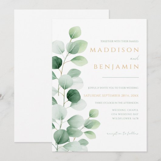 Modern Eucalyptus Greenery Wedding 招待状 (正面/裏面)