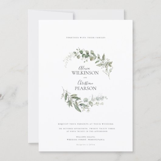 Modern Eucalyptus Greenery Wedding QR Code RSVP 招待状 (正面)