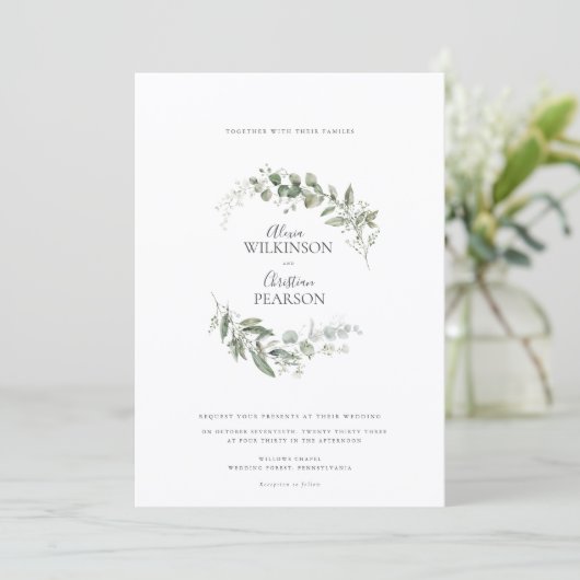 Modern Eucalyptus Greenery Wedding QR Code RSVP 招待状 (スタンド正面)