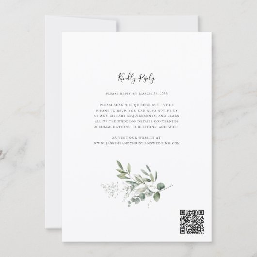Modern Eucalyptus Greenery Wedding QR Code RSVP 招待状 (裏面)