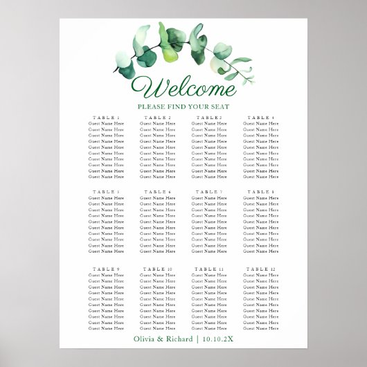 Modern Eucalyptus Greenery Wedding Seating Chart ポスター (正面)