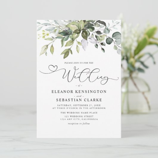 Modern Eucalyptus Leaves Whimsical Script Wedding  招待状 (スタンド正面)