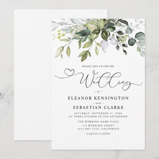 Modern Eucalyptus Leaves Whimsical Script Wedding  招待状 (正面/裏面)