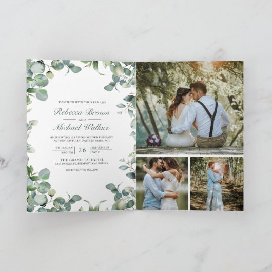Modern Eucalyptus Photo Collage QR Code Wedding 招待状 (内部)