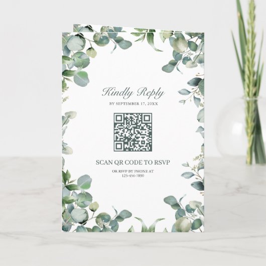Modern Eucalyptus Photo Collage QR Code Wedding 招待状 (裏面)