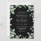 Modern Eucalyptus Photo QR Code Black Wedding 招待状 (正面)