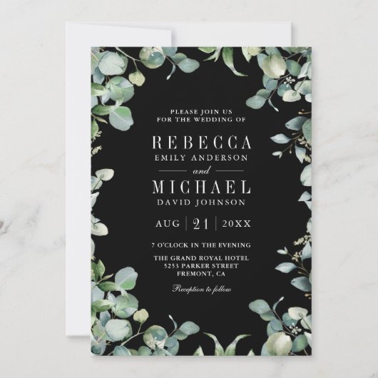 Modern Eucalyptus Photo QR Code Black Wedding 招待状 (正面)