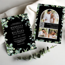 Modern Eucalyptus Photo QR Code Black Wedding