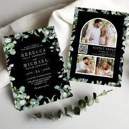 Modern Eucalyptus Photo QR Code Black Wedding 招待状