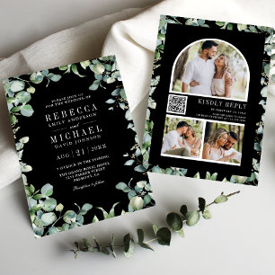 Modern Eucalyptus Photo QR Code Black Wedding 招待状