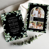Modern Eucalyptus Photo QR Code Black Wedding 招待状