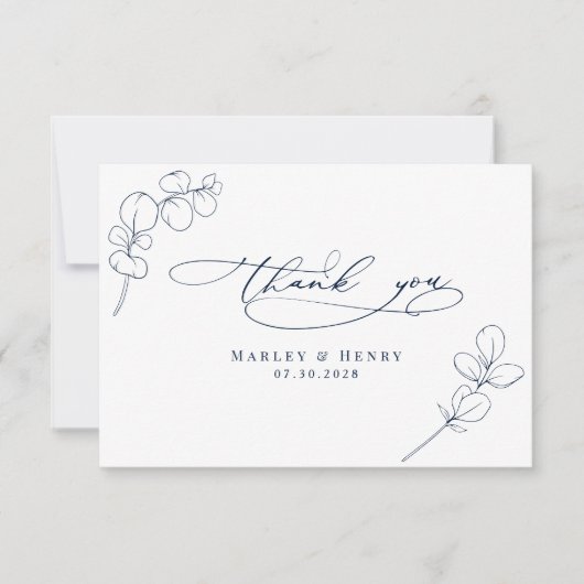 Modern Eucalyptus springs Navy Blue Wedding サンキューカード (正面)