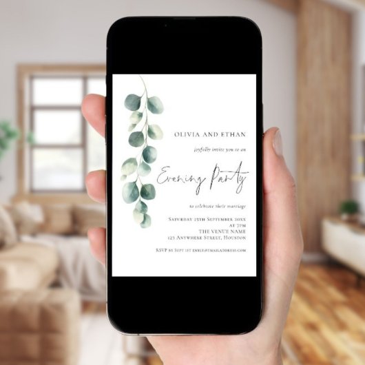 Modern Eucalyptus Wedding Evening Party Invitation 招待状