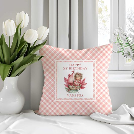 Modern Fairy Girl Blush Floral Birthday Pillow   クッション