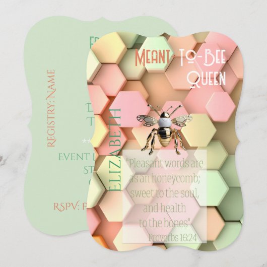 Modern Faith Peach Pink Yellow Green Hive Gold Bee 招待状 (正面/裏面)