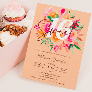 Modern fall pink peach floral chic photo Sweet 16 招待状