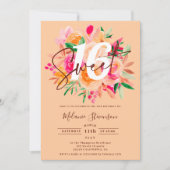 Modern fall pink peach floral chic photo Sweet 16 招待状 (正面)