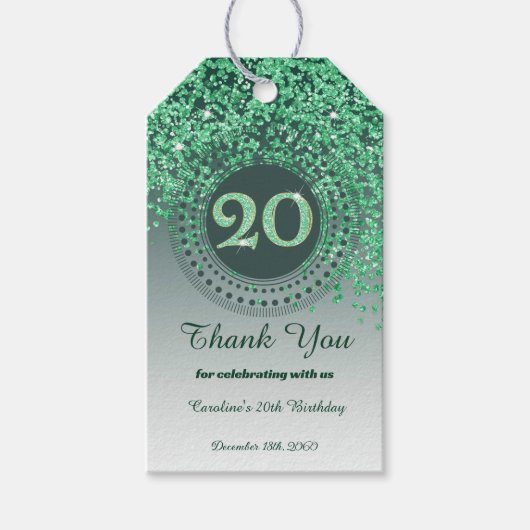 Modern Falling Green Glitter 20th Birthday ギフトタグ (正面)