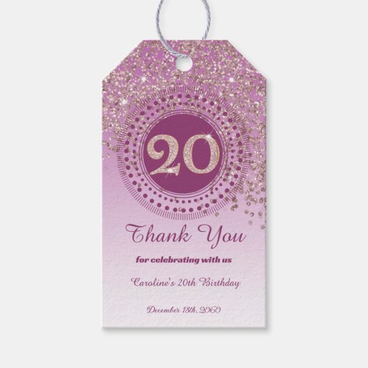 Modern Falling Rose Gold Glitter 20th Birthday ギフトタグ (正面)