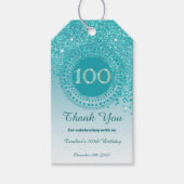 Modern Falling Teal Blue Glitter 100th Birthday ギフトタグ (正面)