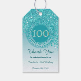 Modern Falling Teal Blue Glitter 100th Birthday ギフトタグ