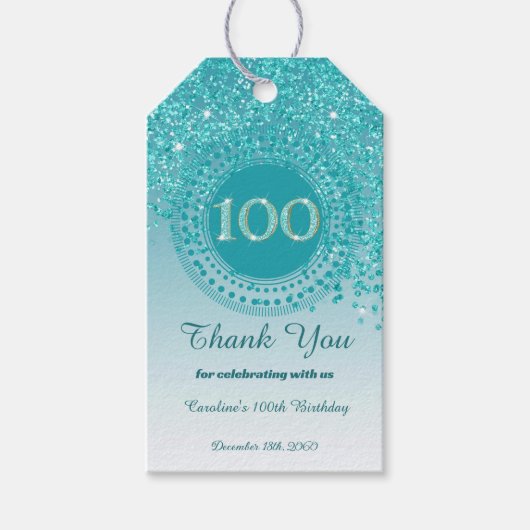 Modern Falling Teal Blue Glitter 100th Birthday ギフトタグ (正面)
