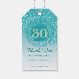 Modern Falling Teal Blue Glitter 30th Birthday ギフトタグ