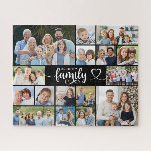 Modern FAMILY 16 Photo Collage Script Heart ジグソーパズル (横)