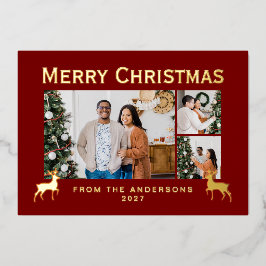 Modern Family 3 Photo Collage Elegant Christmas 箔シーズンカード