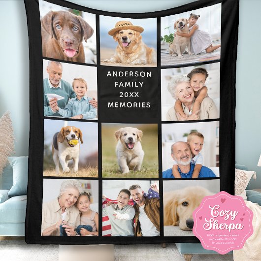 Modern Family Personalized 11 Photo Collage Black シェルパブランケット