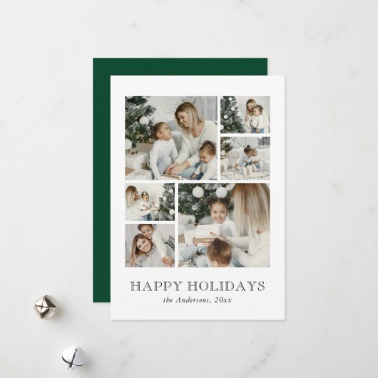 Modern Family Photo Collage Green Christmas シーズンカード (正面/裏面インサイチュ)