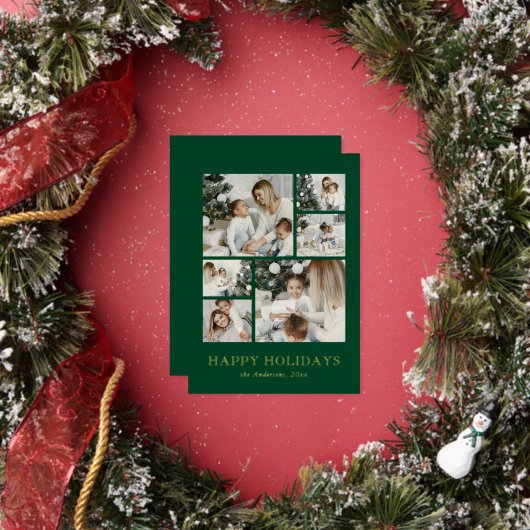 Modern Family Photo Collage Green Christmas 箔シーズンカード (インサイチュ)