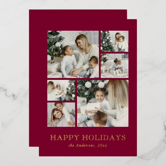Modern Family Photo Collage Red Christmas 箔シーズンカード (正面/裏面)