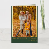 Modern Family Photo Green Gold Merry Christmas 箔グリーティングカード (正面)