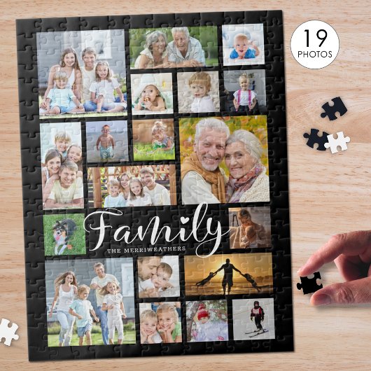 Modern FAMILY Scrip Photo Collage Name Black ジグソーパズル