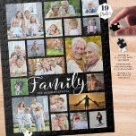 Modern FAMILY Scrip Photo Collage Name Black ジグソーパズル<br><div class="desc">Easily create a fun family activity or pastime filled with memories with this modern photo collage puzzle featuring a variety of sizes and shapes for 19 photos and the title FAMILY in a chic handwritten script font dotted with a heart and personalized with the family's name. PHOTO TIP: For fastest/best...</div>