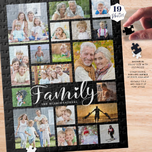 Modern FAMILY Scrip Photo Collage Name Black ジグソーパズル