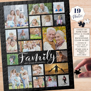 Modern FAMILY Scrip Photo Collage Name Black ジグソーパズル