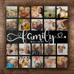 Modern Family Script 20 Photo Collage Chic Black ジグソーパズル<br><div class="desc">Modern custom photo collage puzzle with space for 20 photos surrounding a trendy swirly script reading FAMILY and your custom name below.</div>