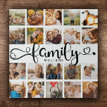 Modern Family Script 20 Photo Collage Chic Fun ジグソーパズル<br><div class="desc">Modern custom photo collage puzzle with space for 20 photos surrounding a trendy swirly script reading FAMILY and your custom name below.</div>