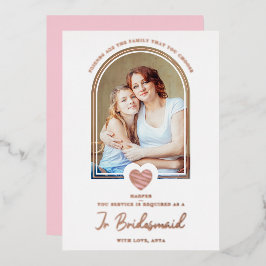 Modern Fancy Jr Bridesmaid Pink Heart Photo 箔招待状